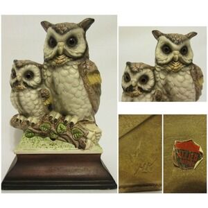 HK Allied Japan Porcelain Figure Great Horned Mom Baby Owl Log Vintage Bird RARE